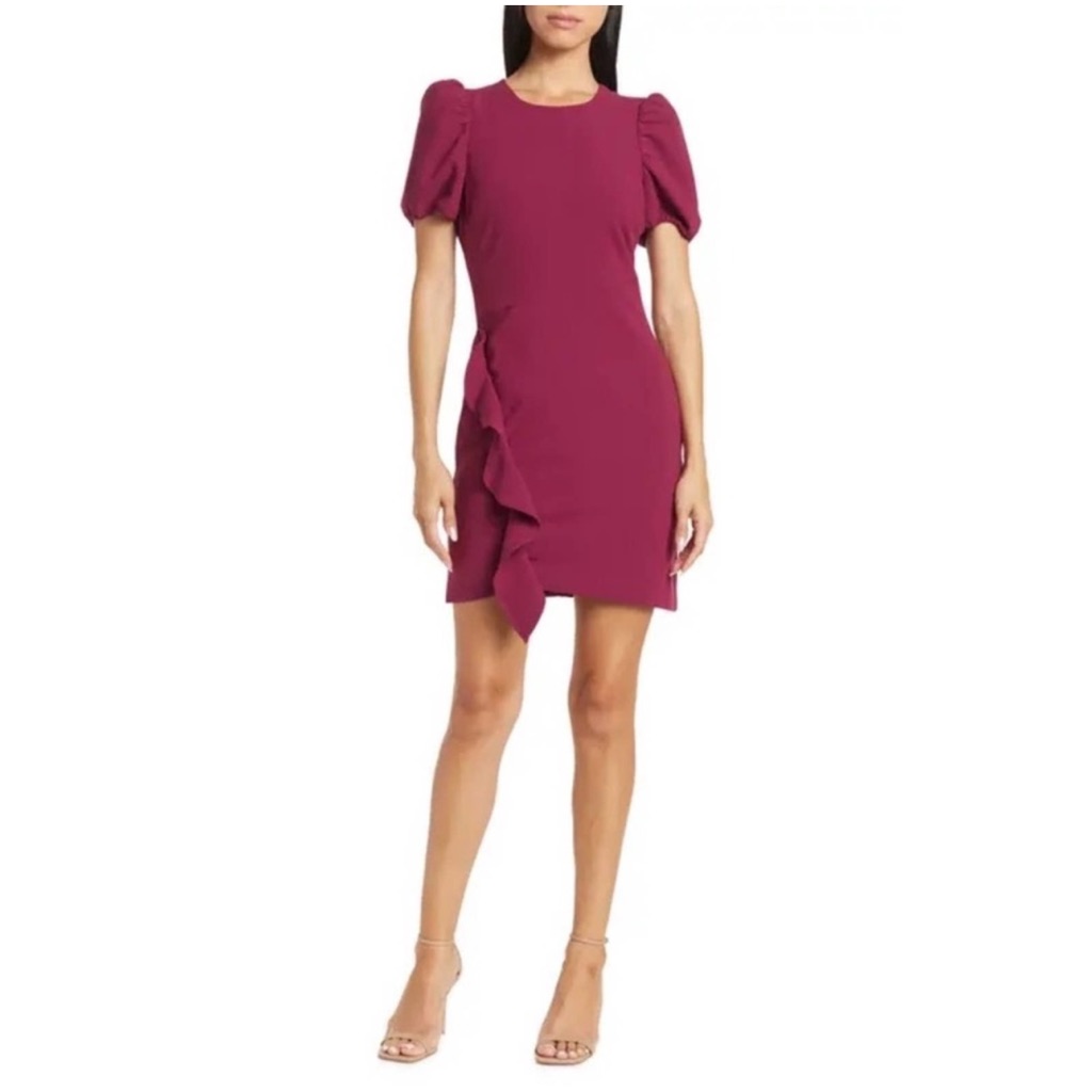 Likely Malta Ruffle Trim Mini Dress Raspberry Puff Sleeve Size 2 Triedon New